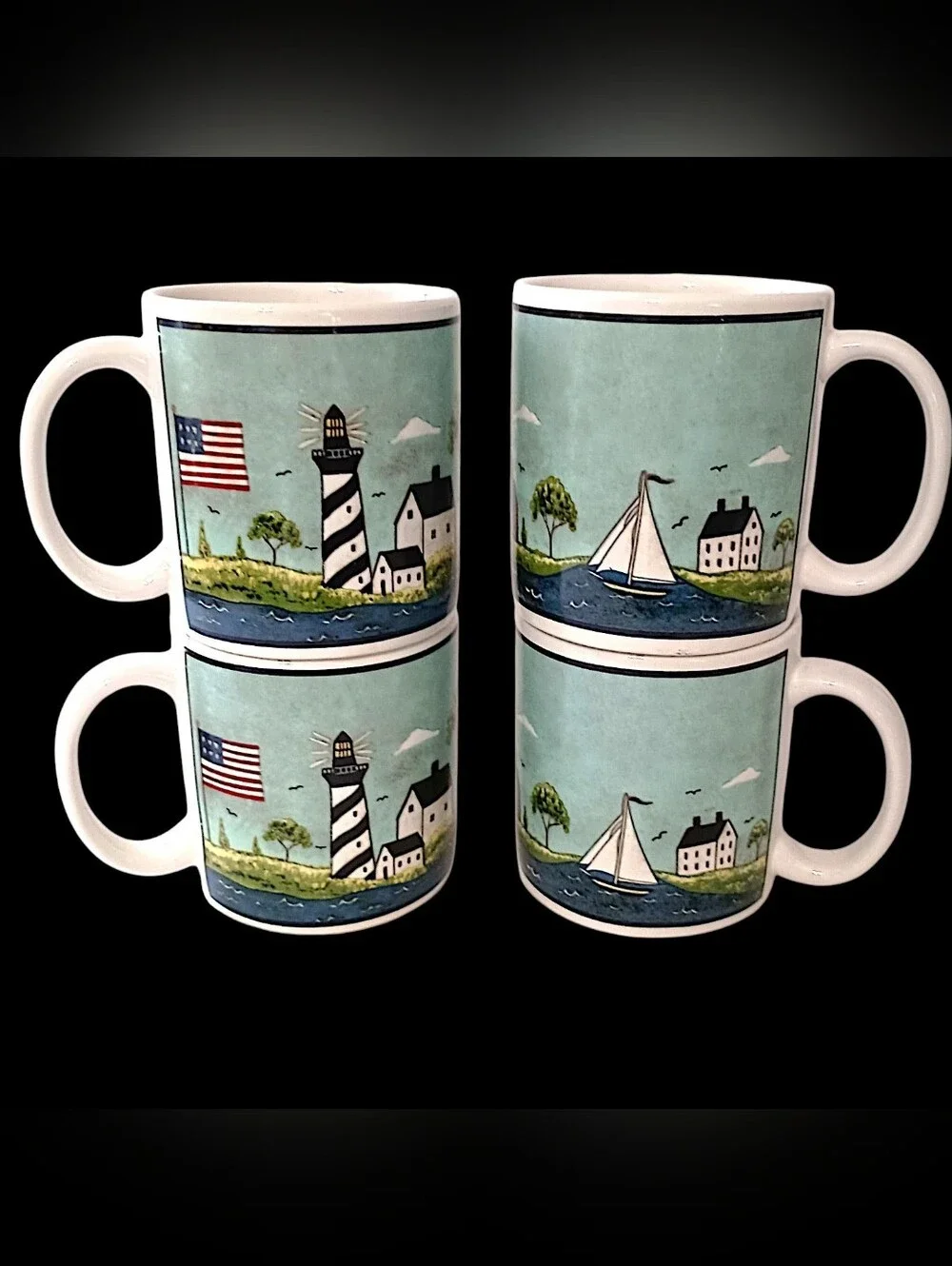 4 Vtg Sakura Coastal Breeze Coffee Mugs Warren Kimble Nautical 10oz Beach House